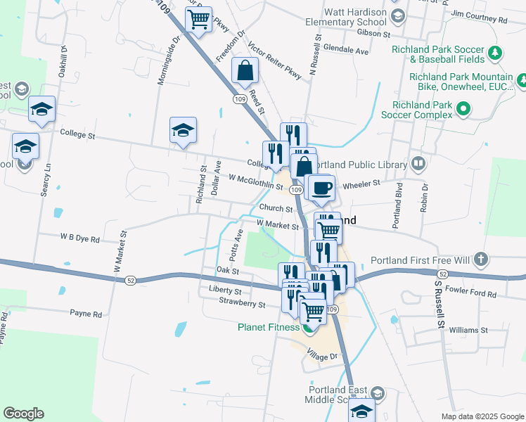 map of restaurants, bars, coffee shops, grocery stores, and more near 110 Church Street in Portland