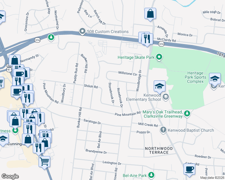 map of restaurants, bars, coffee shops, grocery stores, and more near 1119 Stonebrook Drive in Clarksville