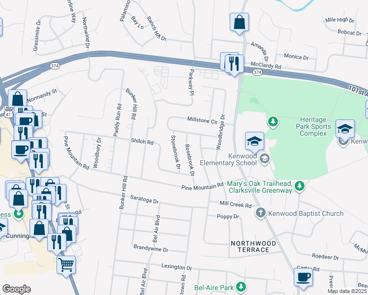 map of restaurants, bars, coffee shops, grocery stores, and more near 1120 Rosebrook Drive in Clarksville