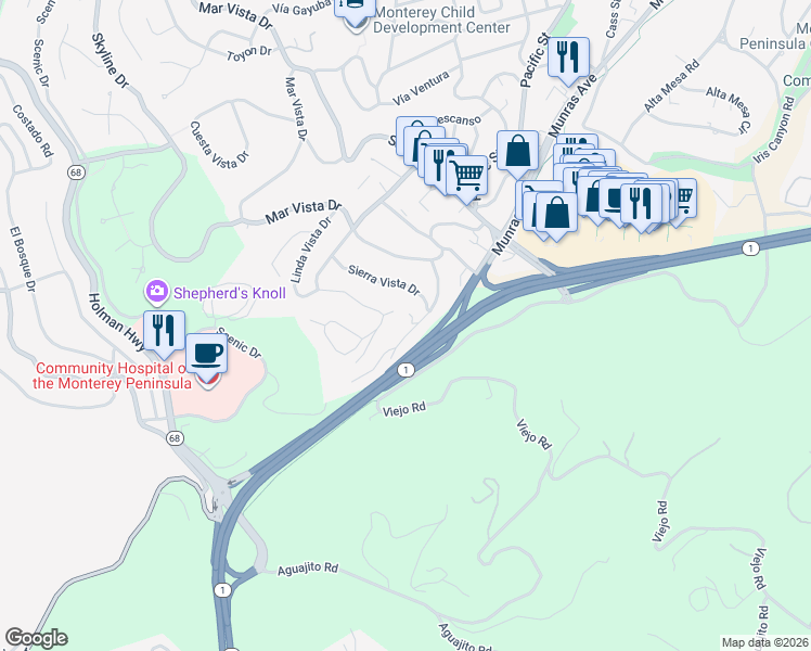 map of restaurants, bars, coffee shops, grocery stores, and more near 17 Vía Castanada in Monterey