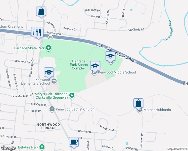 map of restaurants, bars, coffee shops, grocery stores, and more near 241 East Pine Mountain Road in Clarksville