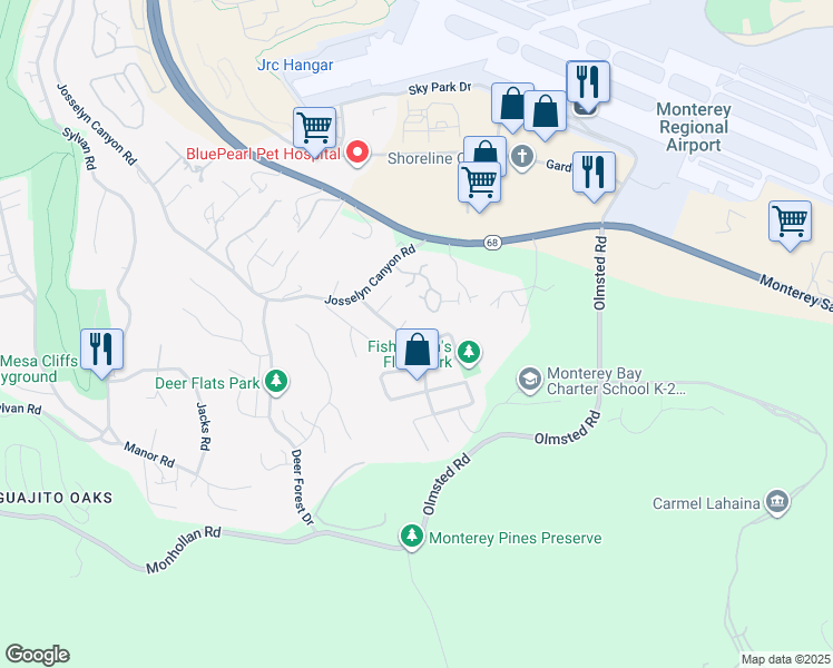 map of restaurants, bars, coffee shops, grocery stores, and more near 2101 Trapani Circle in Monterey