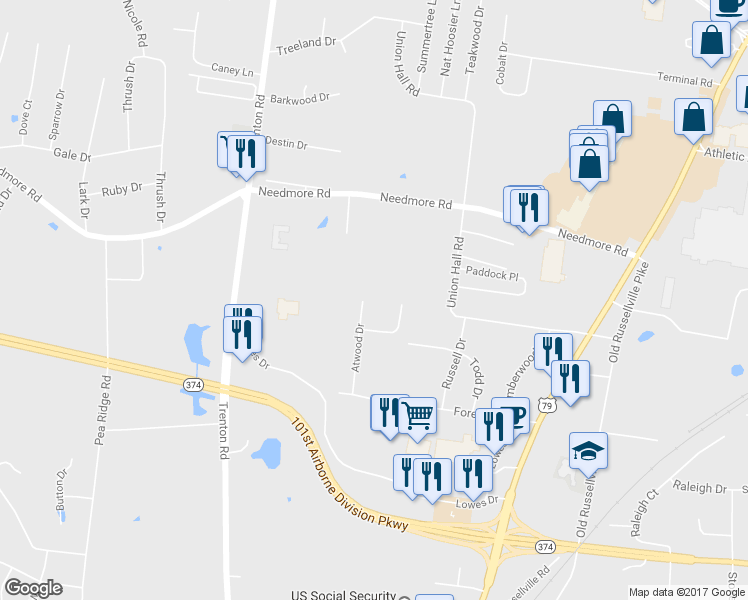 map of restaurants, bars, coffee shops, grocery stores, and more near 2523 Atwood Drive in Clarksville