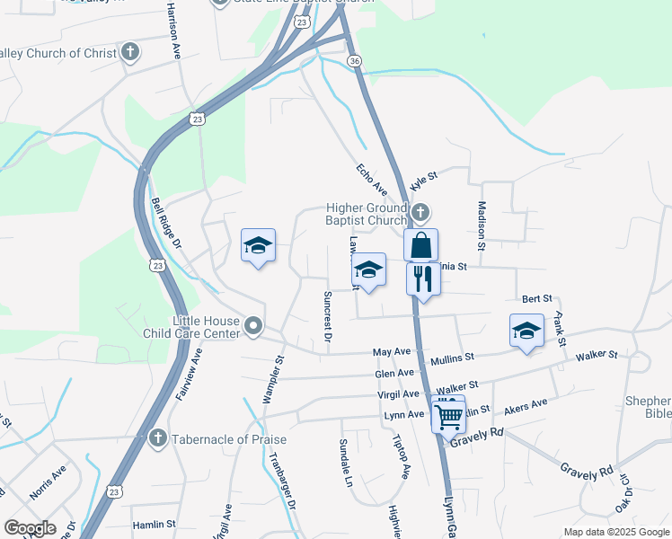 map of restaurants, bars, coffee shops, grocery stores, and more near 1533 Suncrest Drive in Kingsport