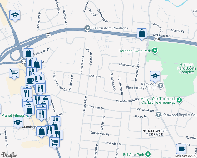 map of restaurants, bars, coffee shops, grocery stores, and more near 517 Nashboro Road in Clarksville