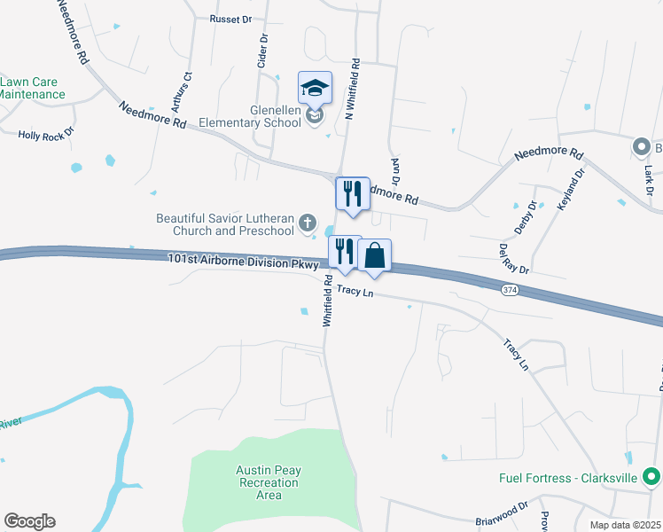 map of restaurants, bars, coffee shops, grocery stores, and more near 101st Airborne Division Pkwy & Whitfield Rd in Clarksville