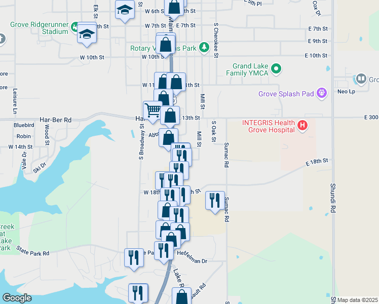 map of restaurants, bars, coffee shops, grocery stores, and more near 1504 Mill Street in Grove