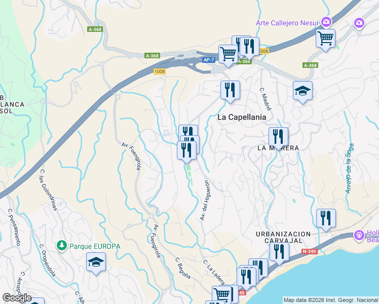 map of restaurants, bars, coffee shops, grocery stores, and more near 48 Avenida del Higuerón in Fuengirola