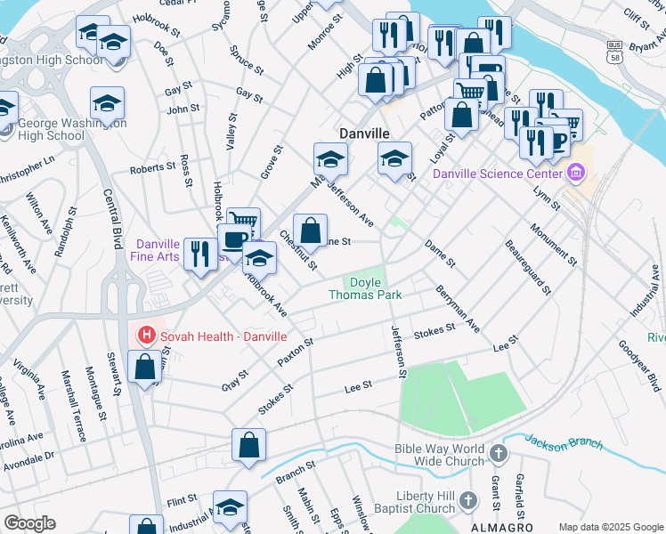 map of restaurants, bars, coffee shops, grocery stores, and more near 862-898 Green Street in Danville