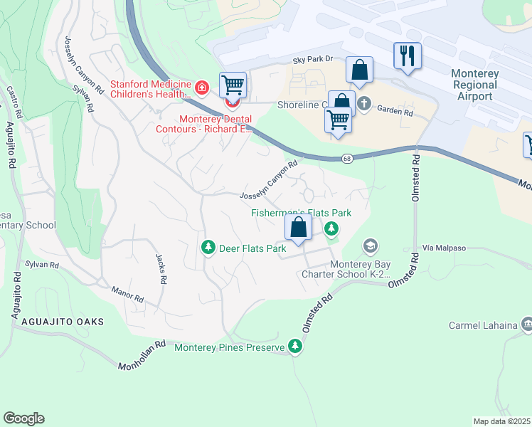 map of restaurants, bars, coffee shops, grocery stores, and more near 1461 Vía Marettimo in Monterey