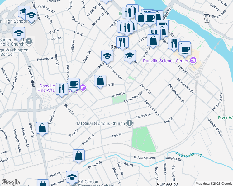 map of restaurants, bars, coffee shops, grocery stores, and more near 701-799 Green Street in Danville