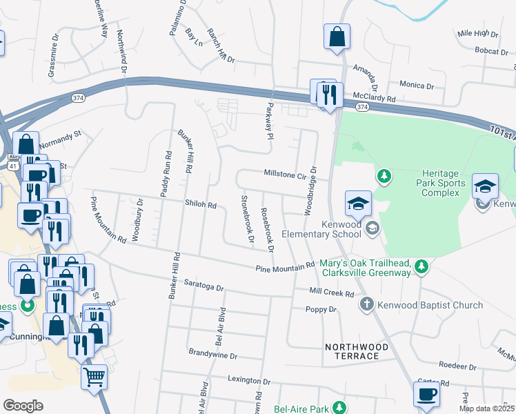 map of restaurants, bars, coffee shops, grocery stores, and more near 1120 Rosebrook Drive in Clarksville