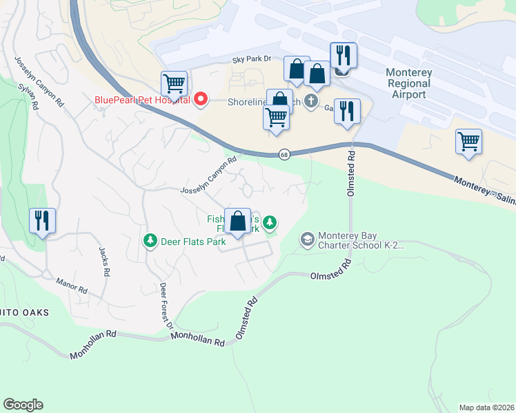 map of restaurants, bars, coffee shops, grocery stores, and more near 2131 Trapani Circle in Monterey