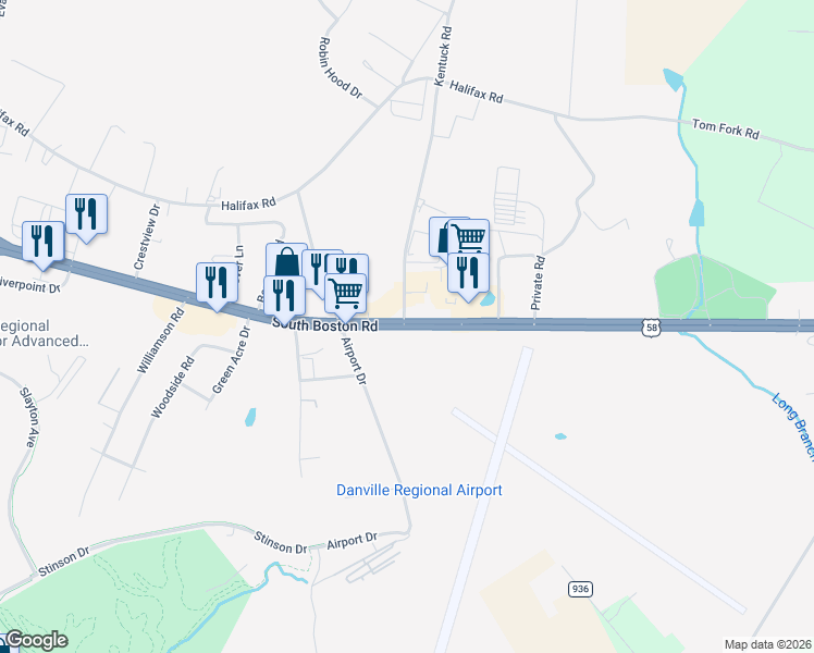 map of restaurants, bars, coffee shops, grocery stores, and more near 1464 South Boston Road in Danville