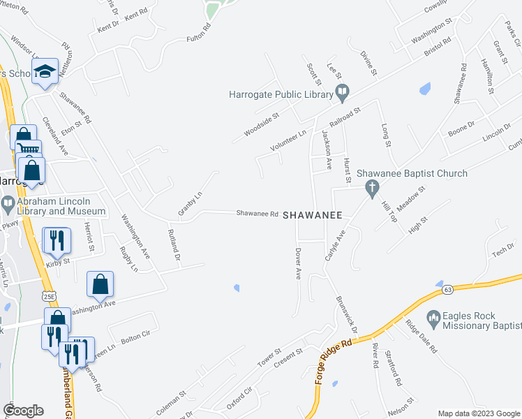 map of restaurants, bars, coffee shops, grocery stores, and more near 569 Shawanee Road in Harrogate