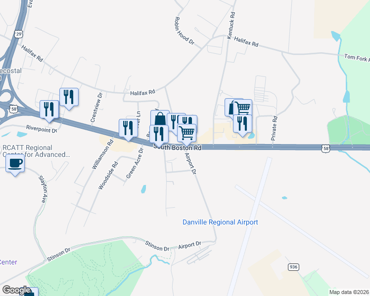 map of restaurants, bars, coffee shops, grocery stores, and more near 1312 South Boston Road in Danville