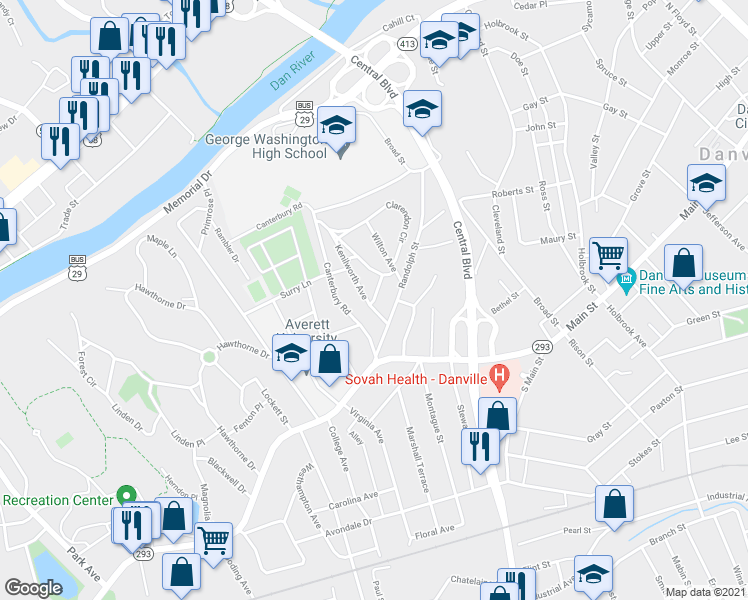 map of restaurants, bars, coffee shops, grocery stores, and more near 101 Manor Place in Danville