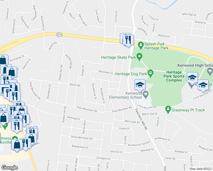 map of restaurants, bars, coffee shops, grocery stores, and more near 206 Northwood Terrace in Clarksville