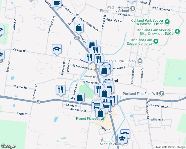 map of restaurants, bars, coffee shops, grocery stores, and more near 104 Church Street in Portland