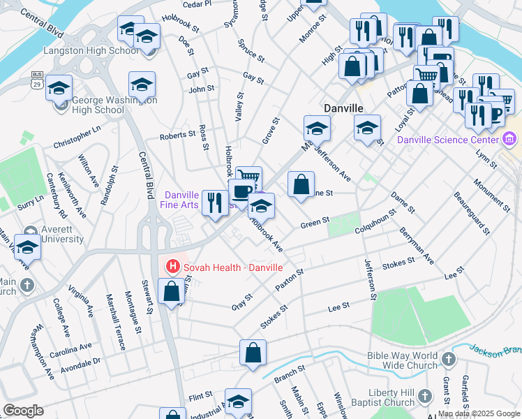 map of restaurants, bars, coffee shops, grocery stores, and more near 975 Main Street in Danville