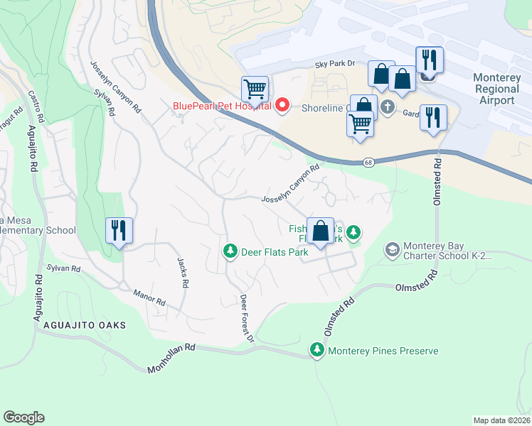 map of restaurants, bars, coffee shops, grocery stores, and more near 1400 Augusta Place in Monterey