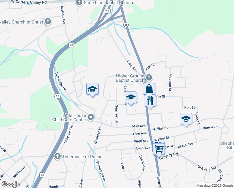 map of restaurants, bars, coffee shops, grocery stores, and more near 1533 Suncrest Drive in Kingsport