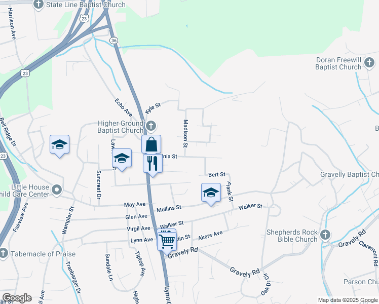 map of restaurants, bars, coffee shops, grocery stores, and more near 180 Virginia Street in Kingsport