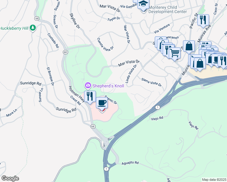 map of restaurants, bars, coffee shops, grocery stores, and more near 54 Shepherds Knoll Road in Monterey