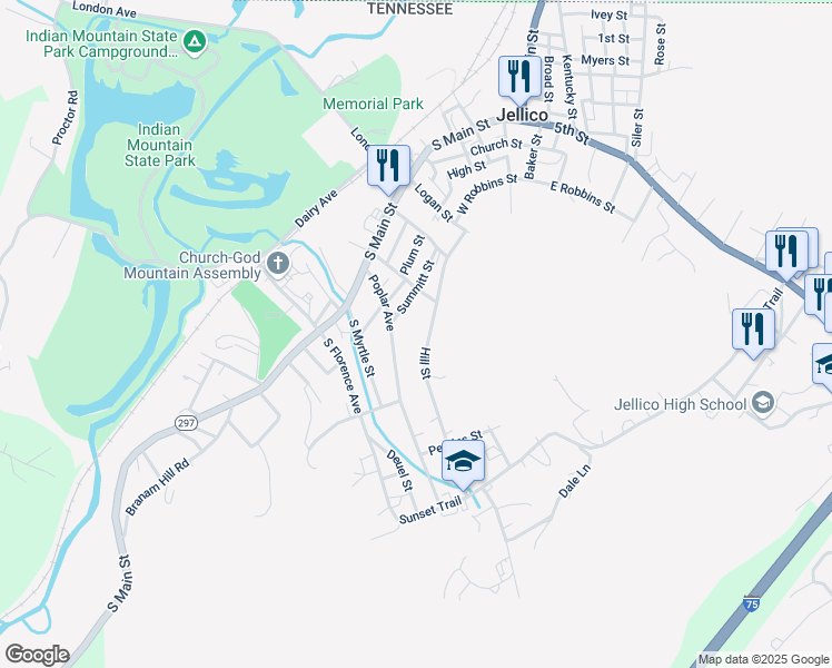 map of restaurants, bars, coffee shops, grocery stores, and more near 913 Hill Street in Jellico