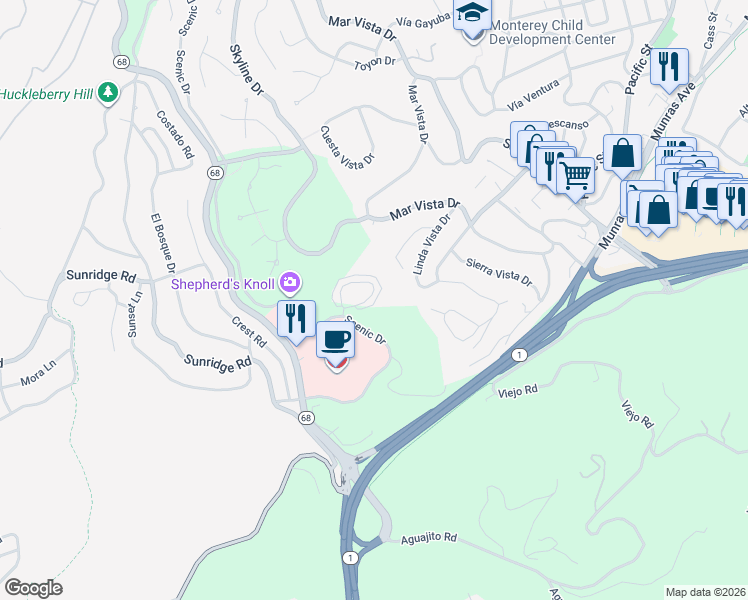 map of restaurants, bars, coffee shops, grocery stores, and more near 55 Shepherds Knoll Road in Monterey