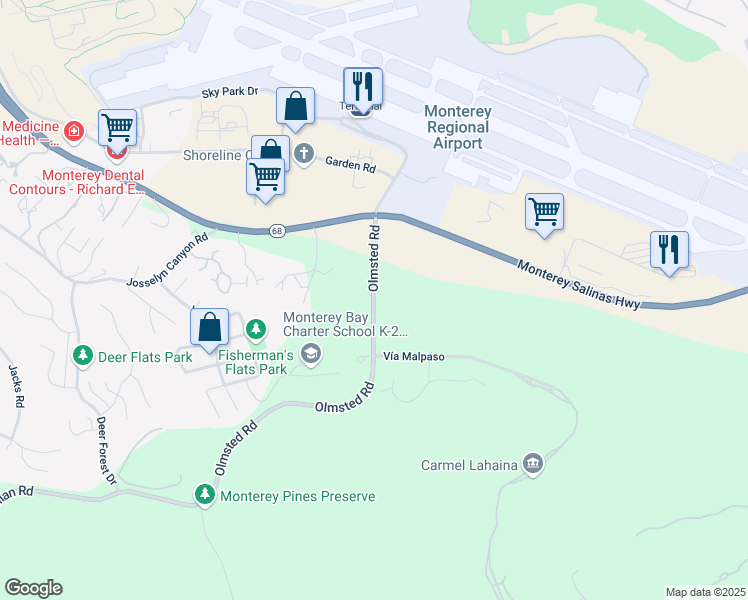 map of restaurants, bars, coffee shops, grocery stores, and more near Olmsted Road in Monterey