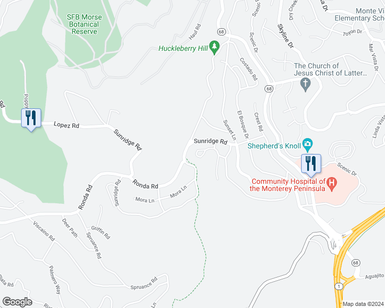 map of restaurants, bars, coffee shops, grocery stores, and more near 4089 Pine Meadows Way in Del Monte Forest