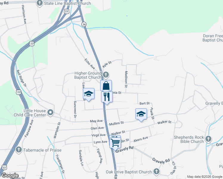 map of restaurants, bars, coffee shops, grocery stores, and more near 1537 Lynn Garden Drive in Kingsport