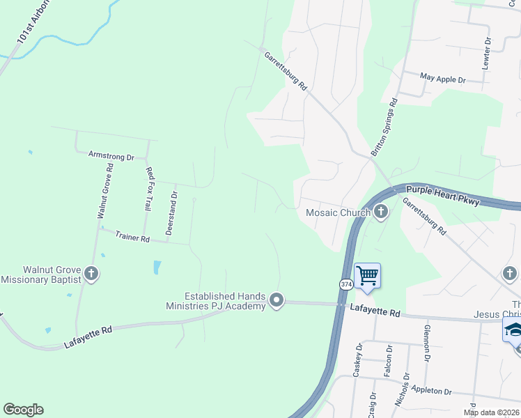 map of restaurants, bars, coffee shops, grocery stores, and more near 1307 Wofford Drive in Clarksville