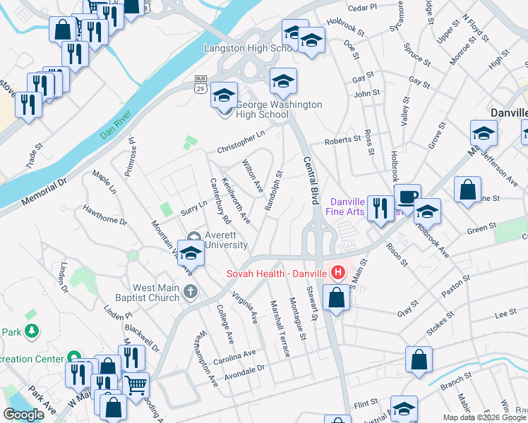 map of restaurants, bars, coffee shops, grocery stores, and more near 301 Randolph Street in Danville
