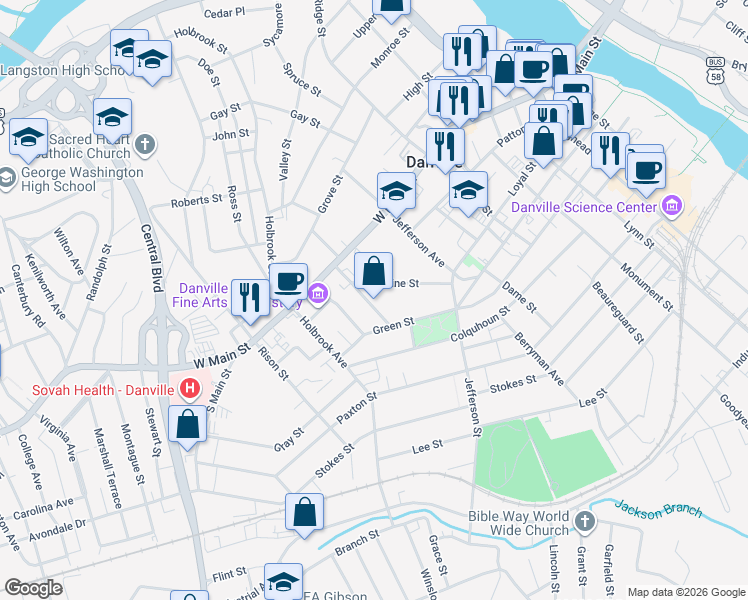 map of restaurants, bars, coffee shops, grocery stores, and more near 922 & 924 Green Street in Danville