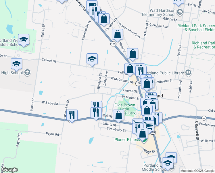 map of restaurants, bars, coffee shops, grocery stores, and more near 205 Church Street in Portland