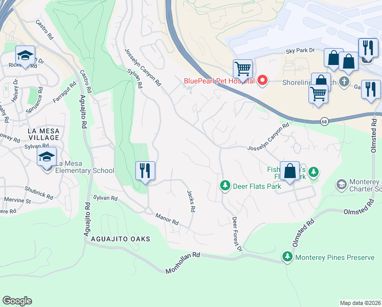 map of restaurants, bars, coffee shops, grocery stores, and more near 16 Antelope Lane in Monterey