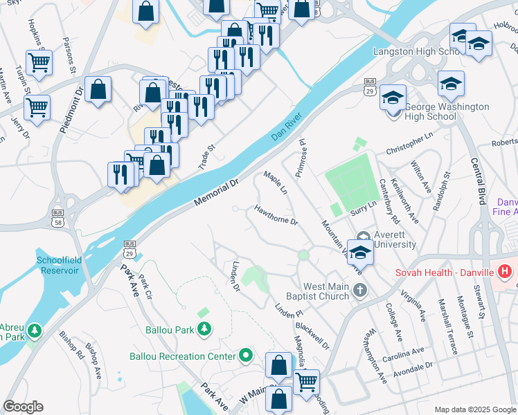 map of restaurants, bars, coffee shops, grocery stores, and more near 499 Maple Ln in Danville