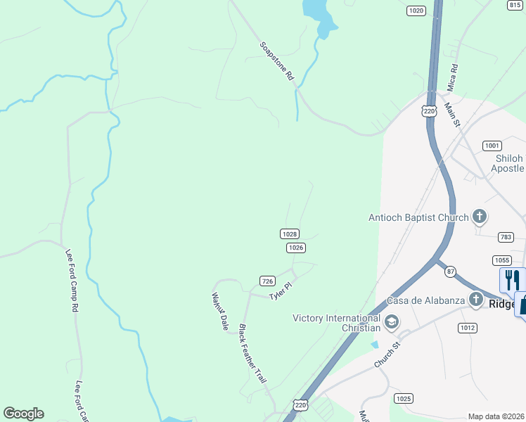map of restaurants, bars, coffee shops, grocery stores, and more near 4 Tomahawk Trail in Ridgeway