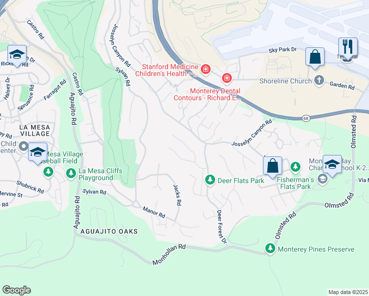 map of restaurants, bars, coffee shops, grocery stores, and more near 7 Antelope Lane in Monterey
