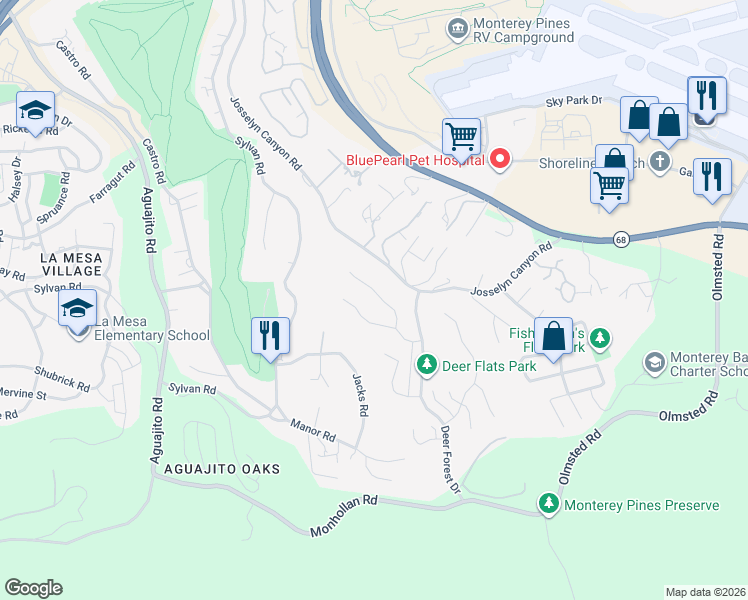 map of restaurants, bars, coffee shops, grocery stores, and more near 7 Antelope Lane in Monterey