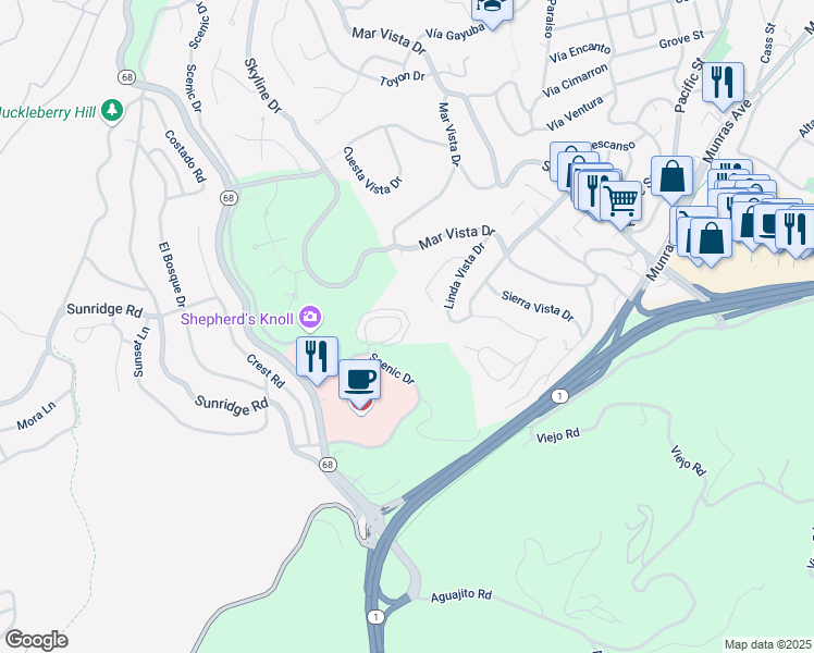 map of restaurants, bars, coffee shops, grocery stores, and more near 39 Linda Vista Place in Monterey