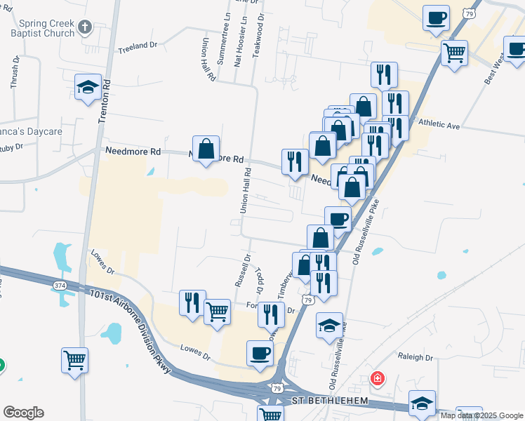 map of restaurants, bars, coffee shops, grocery stores, and more near 2655 Union Hall Road in Clarksville