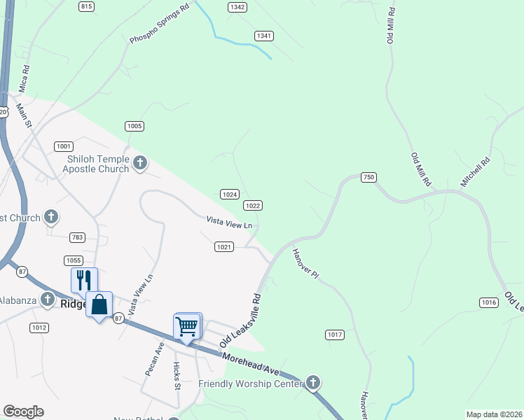 map of restaurants, bars, coffee shops, grocery stores, and more near 80-204 County Road 1022 in Ridgeway