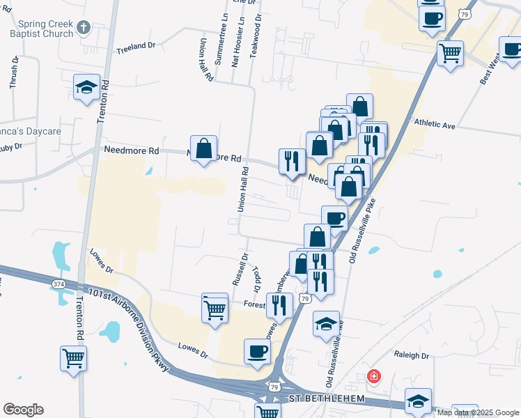 map of restaurants, bars, coffee shops, grocery stores, and more near 2655 Union Hall Road in Clarksville