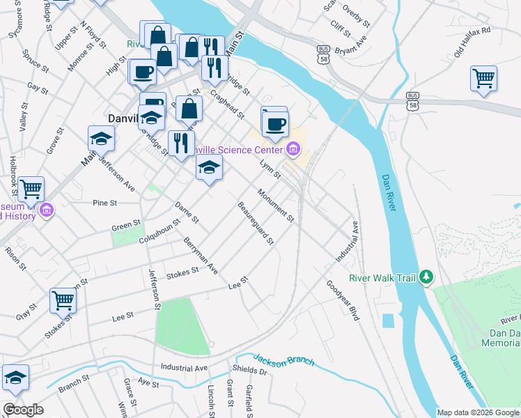 map of restaurants, bars, coffee shops, grocery stores, and more near 519 Shelton Street in Danville