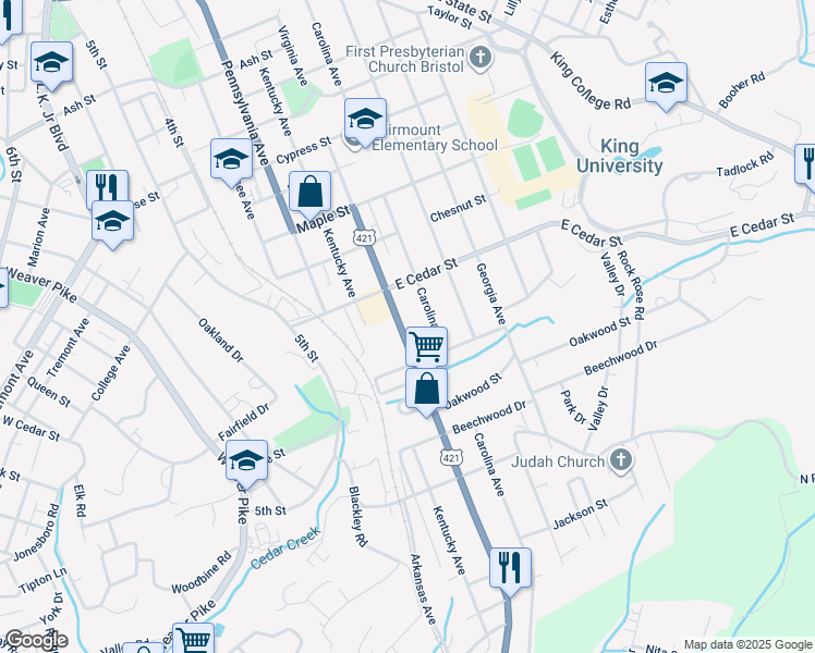map of restaurants, bars, coffee shops, grocery stores, and more near 1212-1234 Virginia Avenue in Bristol