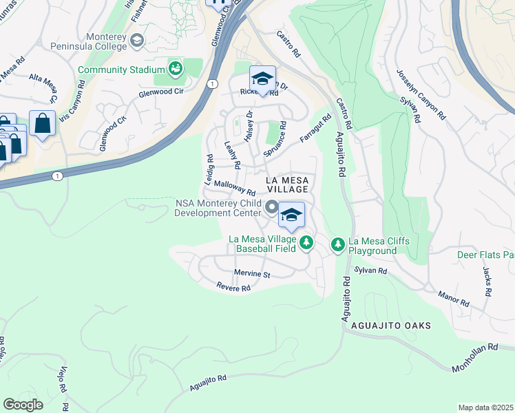 map of restaurants, bars, coffee shops, grocery stores, and more near 14 La Mesa Way in Monterey