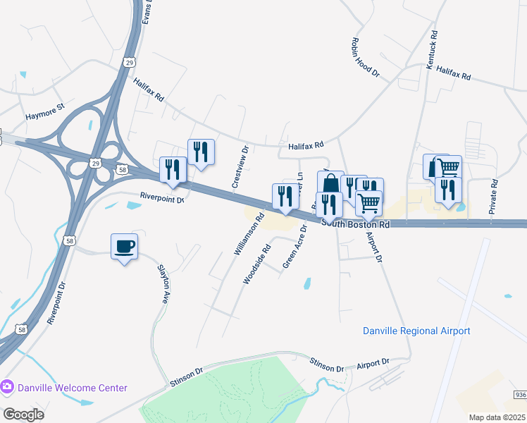 map of restaurants, bars, coffee shops, grocery stores, and more near 402 Williamson Road in Danville